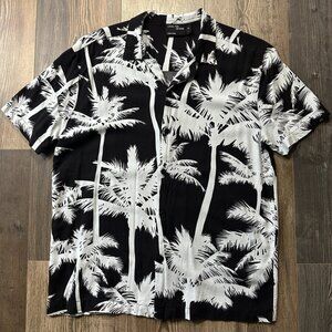 Level Ten Design Mens Hawaiian Shirt Small Black Gray Palm Viscose Monochrome